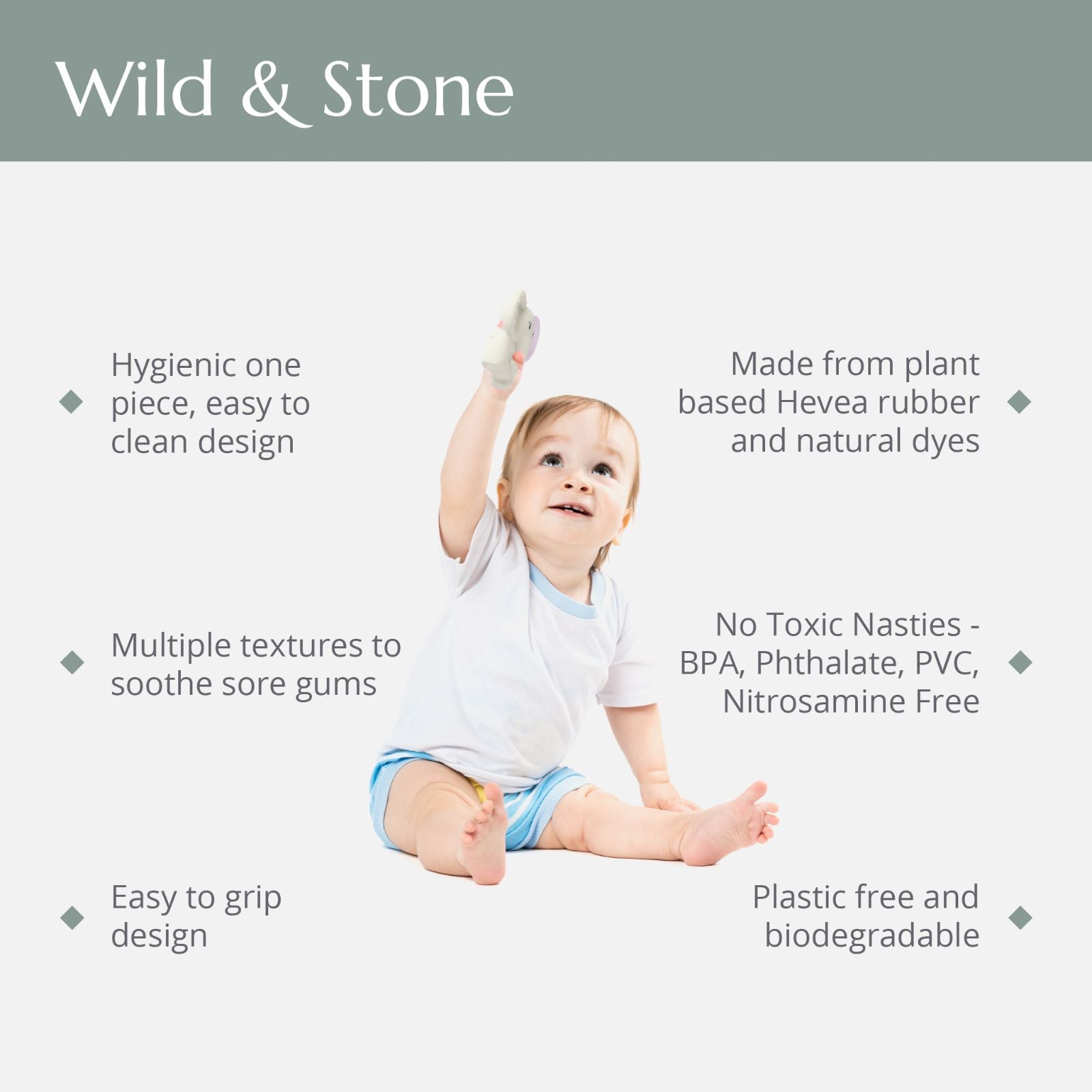 Baby teether made of natural rubber from Wild And Stone, featuring a soft, chewable design for soothing infants.