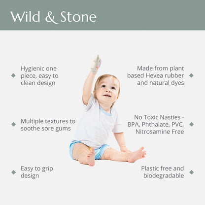 Baby teether made of natural rubber from Wild And Stone, featuring a soft, chewable design for soothing infants.