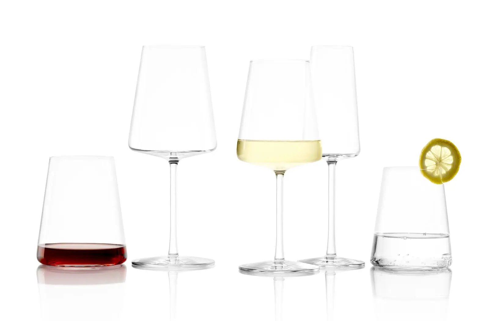 Set of six Stolzle Power stemless red wine glasses, 515ml capacity, made by Glassware UK, shown with clear glass and rounded bowl.