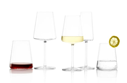 Set of six Stolzle Power stemless red wine glasses, 515ml capacity, made by Glassware UK, shown with clear glass and rounded bowl.