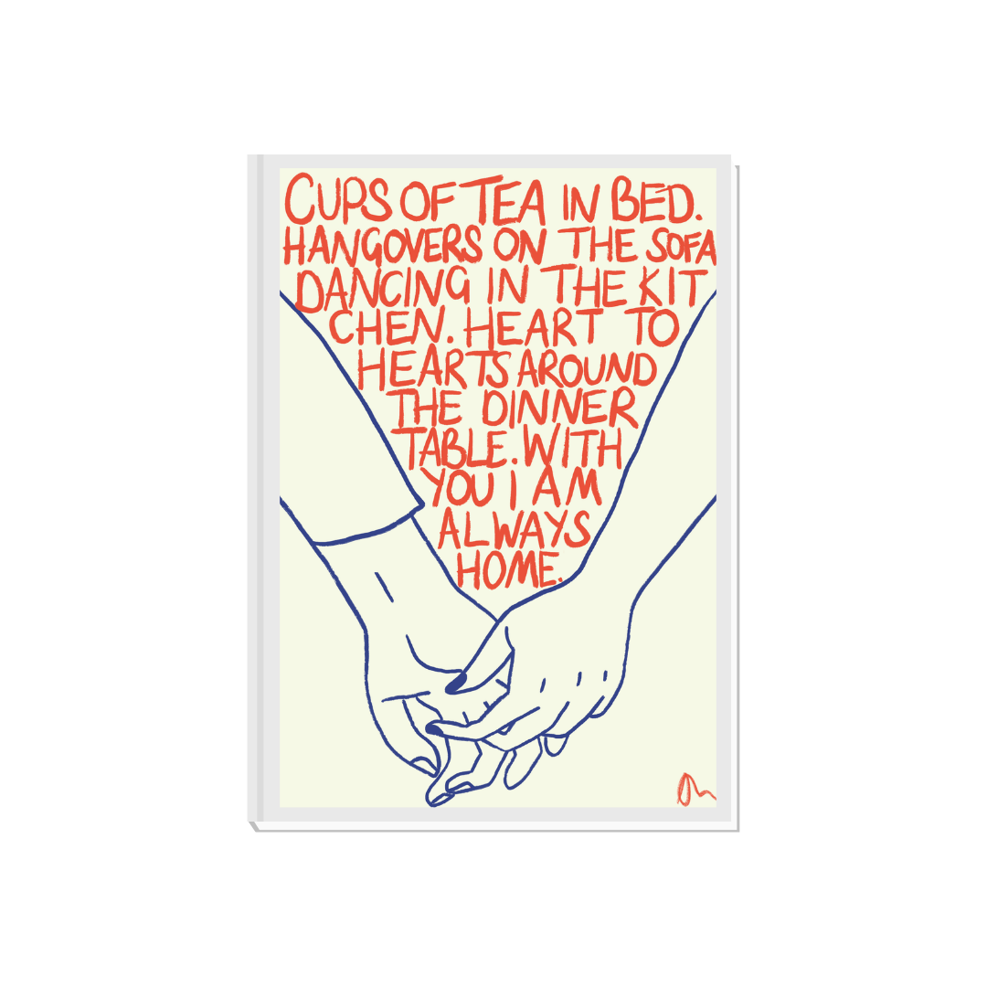 Cute hand-drawn typographic art print featuring orange and blue cups of tea with romantic, whimsical design by Peak Prints
