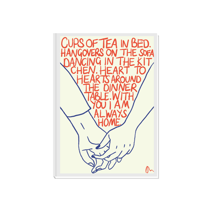 Cute hand-drawn typographic art print featuring orange and blue cups of tea with romantic, whimsical design by Peak Prints