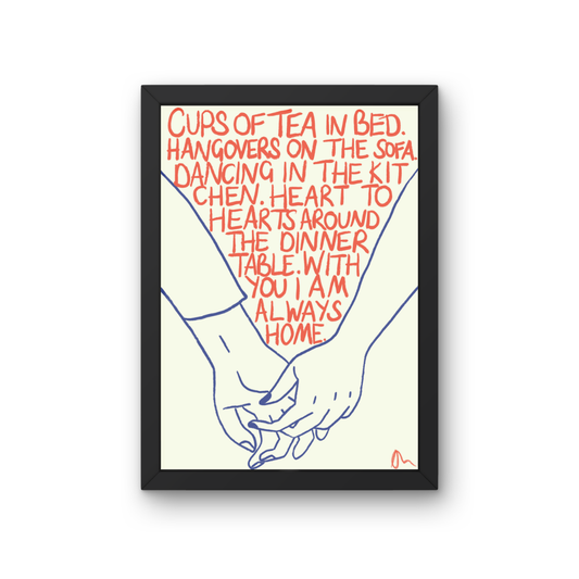 Cute hand-drawn typographic art print of orange and blue tea cups, featuring romantic and playful design by Peak Prints.