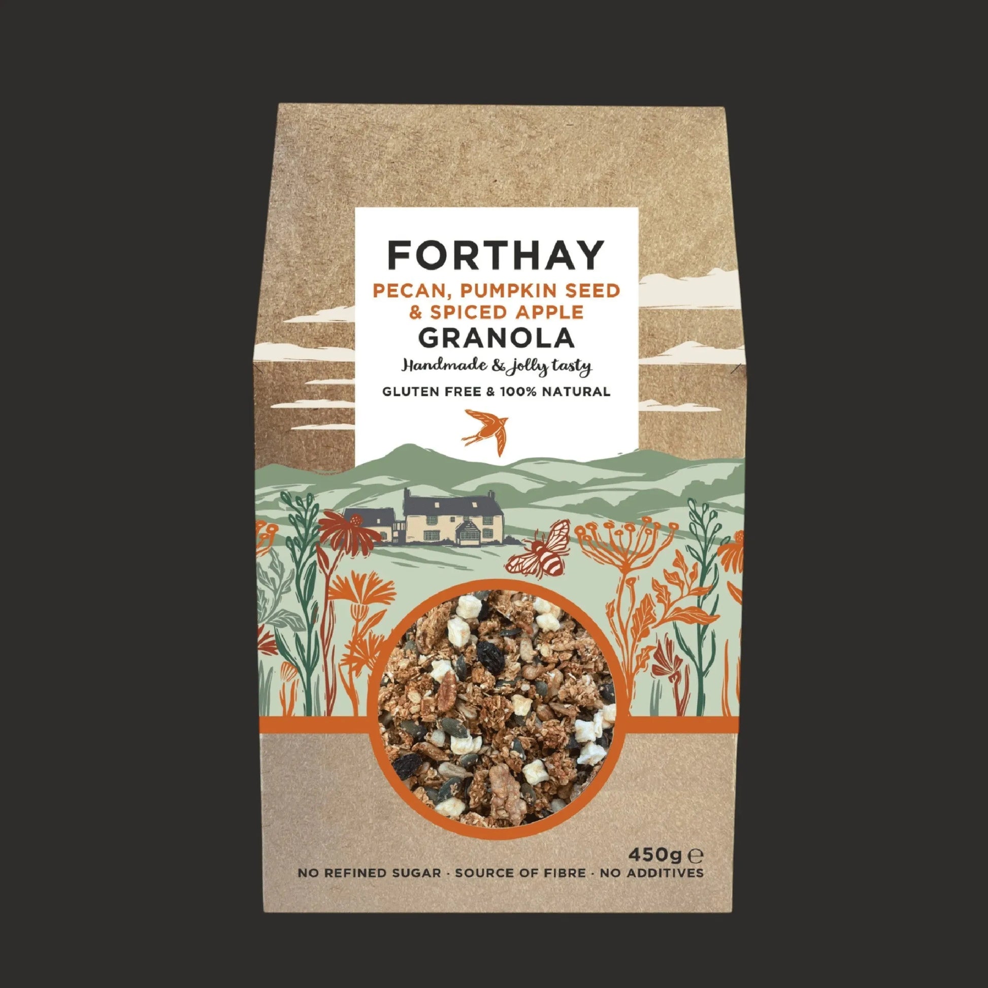 ArtisanBox Selection Forthay Granola with pecans, pumpkin seeds, and spiced apple in a 450g package, shown in a clear bowl with ingredients.
