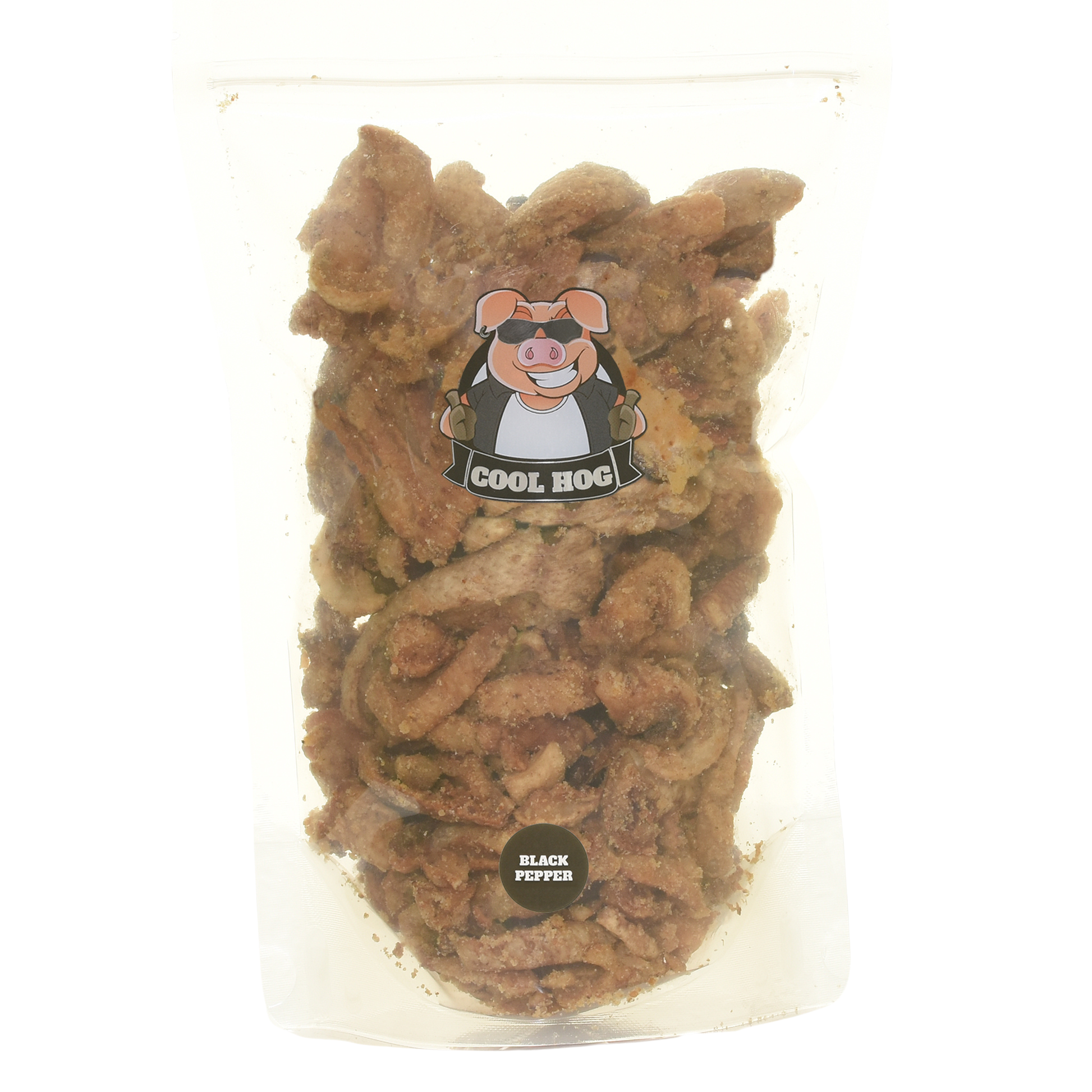 Cool Hog Snacks pork scratching jar refill bag with salt and cracked black pepper flavor, showing crispy pork cracklings in the image.