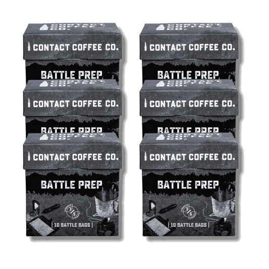 Six contact coffee company Ltd. single serve coffee bags in Battle Prep box, ready for brewing and enjoy at home or on the go.