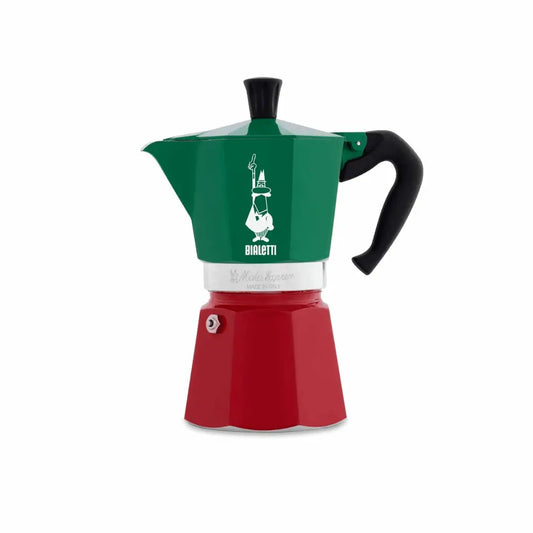 Bialetti Moka Express Tricolore Italia stovetop coffee maker with six cups, featuring a colorful design and stainless steel construction.