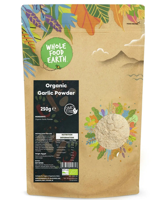 Organic garlic powder from ArtisanBox in a clear jar, showing fine white granules ideal for cooking and seasoning.