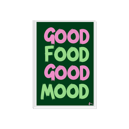 Pink and green maximalist typographic kitchen print with "Good Food Good Mood" slogan, designed by Peak Prints.