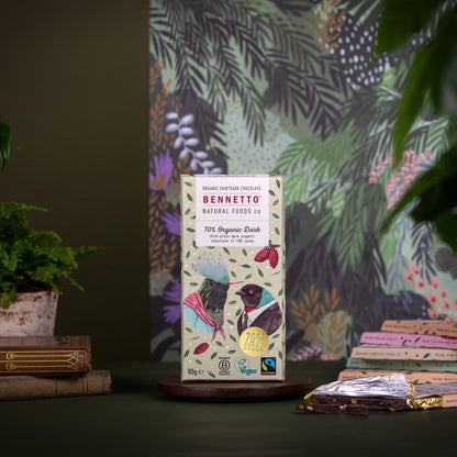 Bennetto Natural Foods UK 70% Organic Dark Chocolate bar with textured surface and rich, deep brown color.