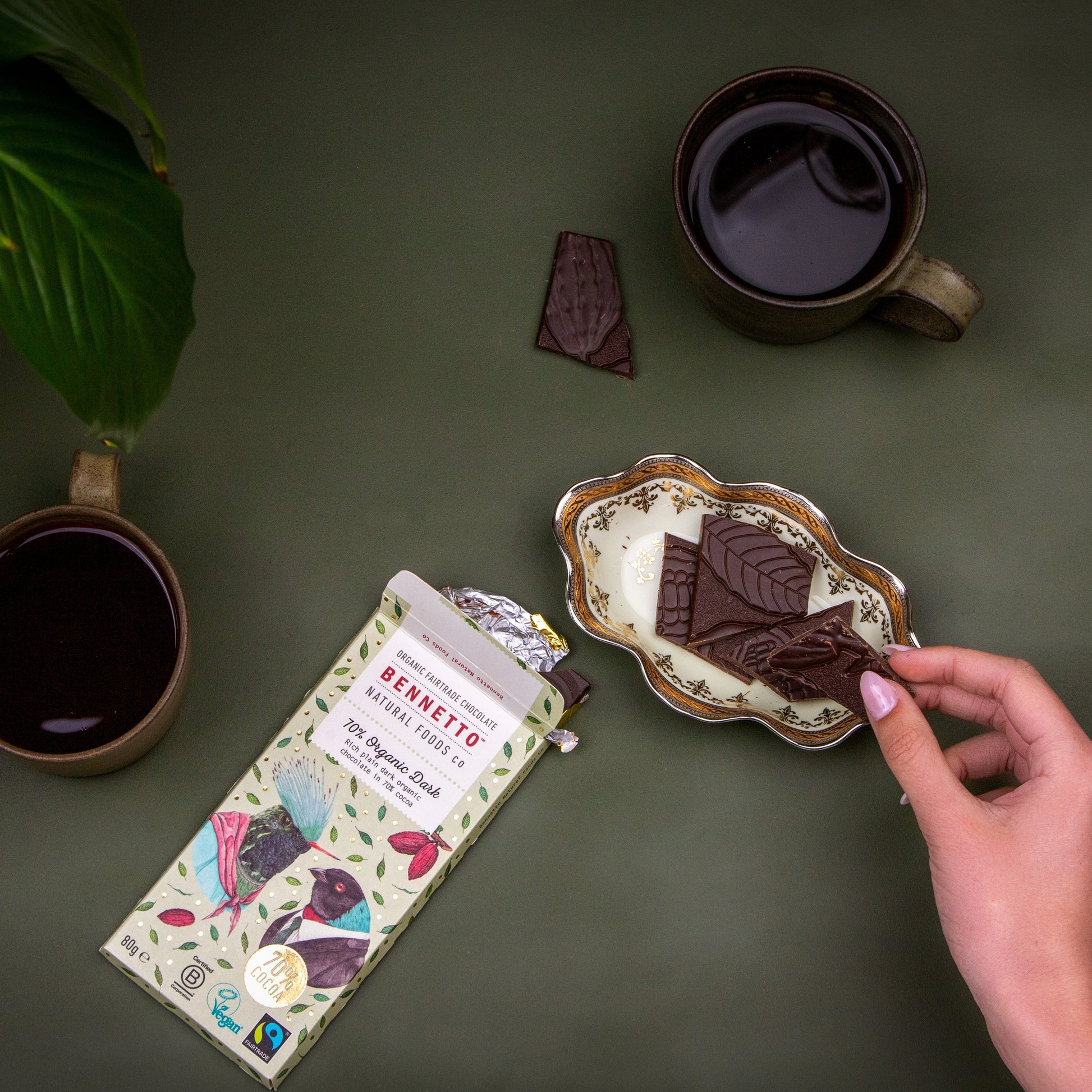 Bennetto Natural Foods UK 70% Organic Dark Chocolate bar with rich, smooth texture and dark cocoa appearance.