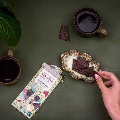 Bennetto Natural Foods UK 70% Organic Dark Chocolate bar with rich, smooth texture and dark cocoa appearance.