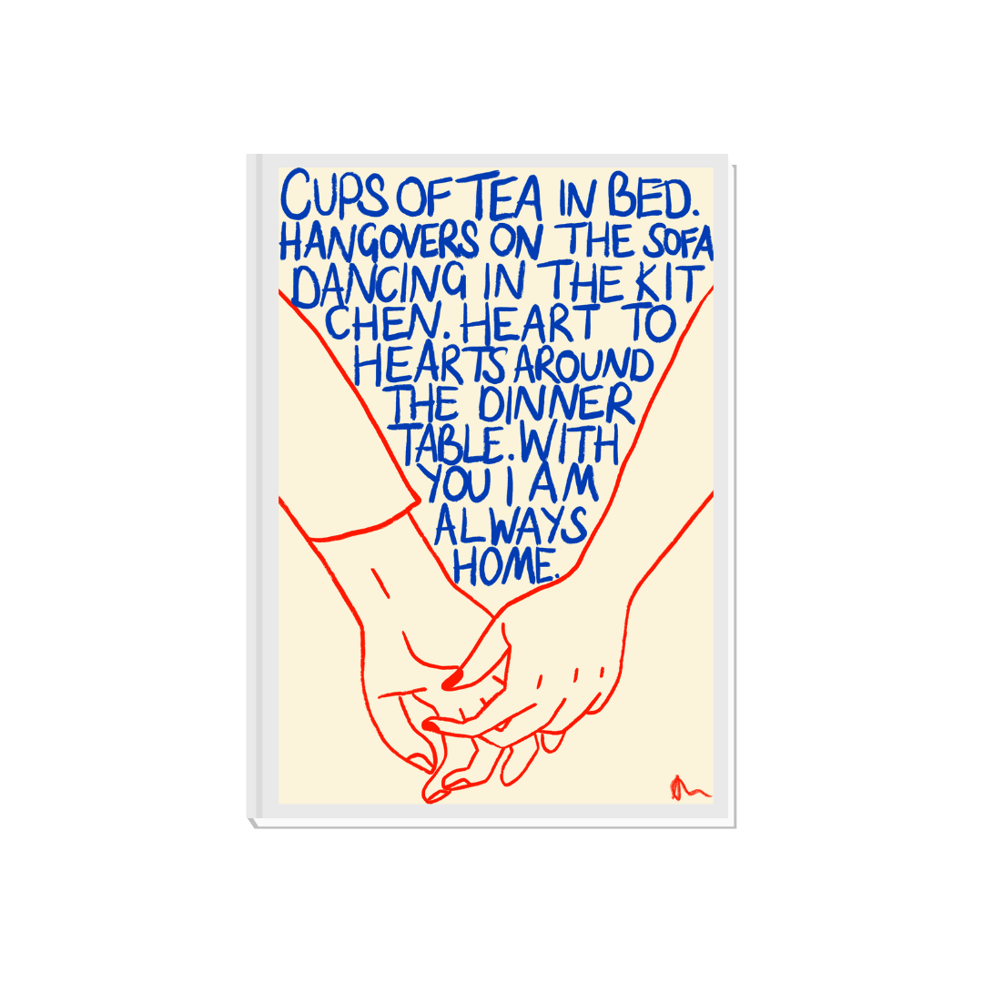 Colorful blue and orange print featuring cups of tea in bed, romantic and cute design by Peak Prints.