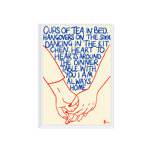 Colorful blue and orange print featuring cups of tea in bed, romantic and cute design by Peak Prints.