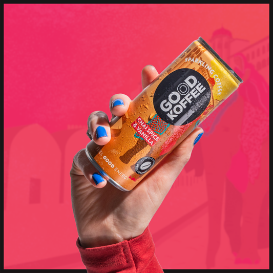 Sparkling coffee with chai spice and vanilla flavor from ArtisanBox, 12-pack, featuring colorful cans with chai and vanilla notes.
