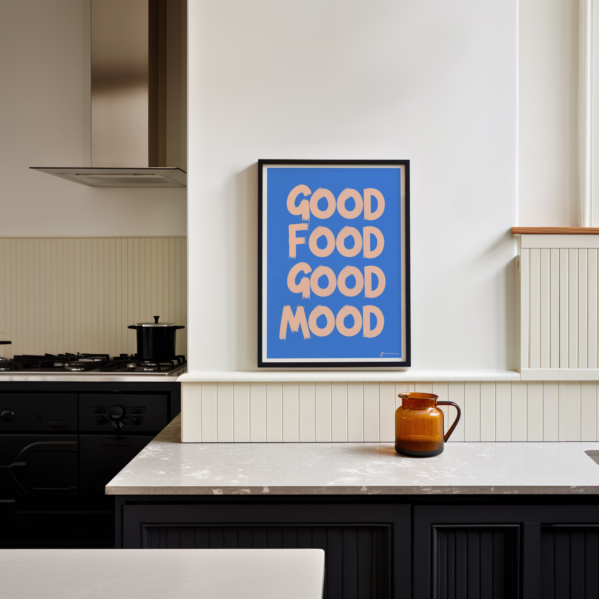 Blue kitchen typographic print with "Good Food Good Mood" phrase, featuring food and drink illustrations, by Peak Prints.