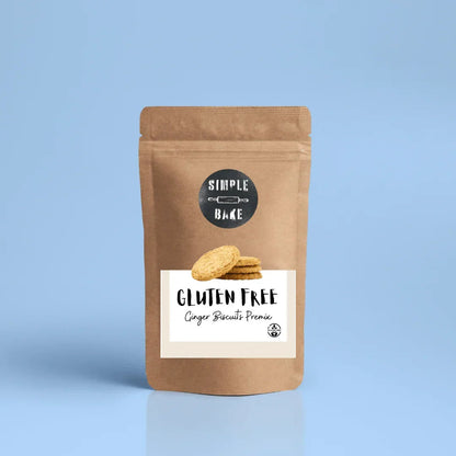 Package of Simple Bake gluten-free ginger biscuit mix, showing the pre-mixed cookie ingredients in a clear bag.