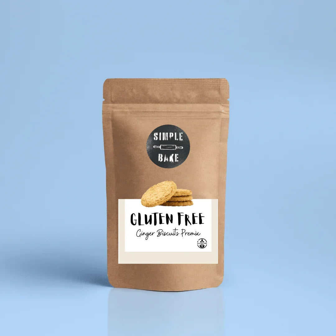 Box of 8 gluten-free ginger biscuit cookies by Simple Bake, showing the premix packaging on a white background.
