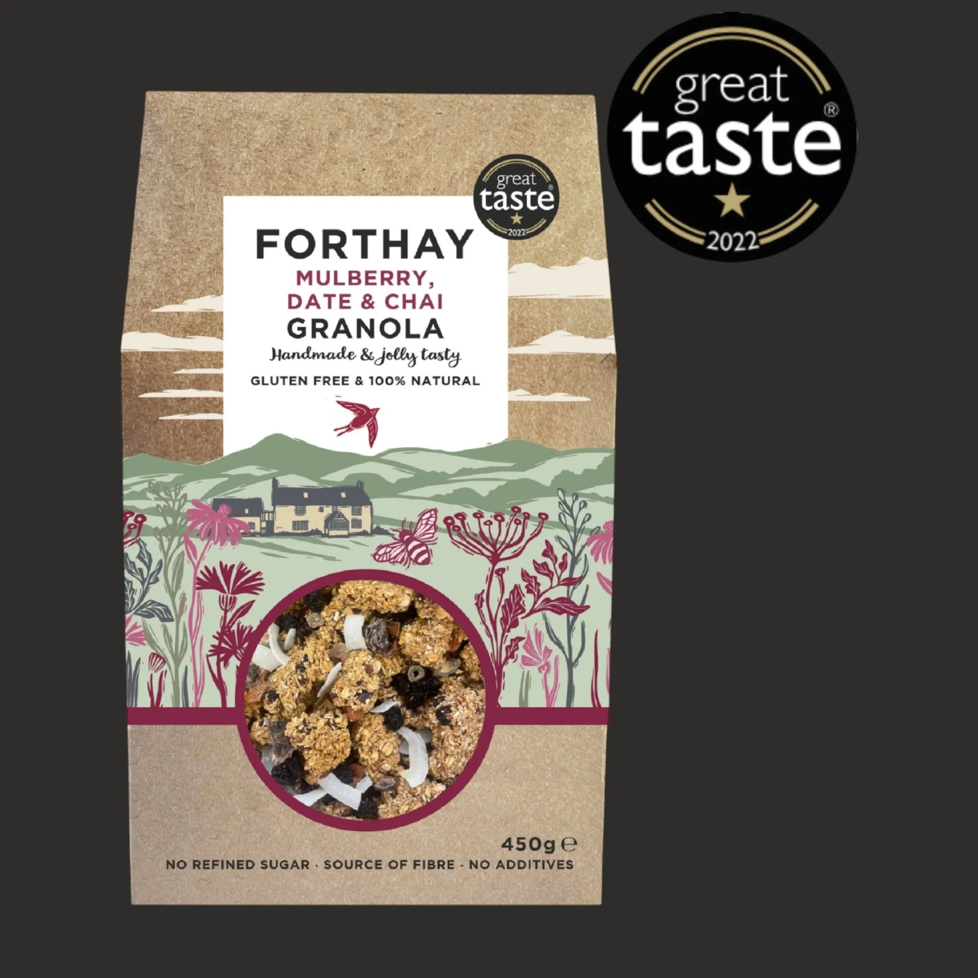 ArtisanBox Selection Forthay Mulberry Date & Chai Granola in a bowl, showing crunchy granola with dried fruit and spices.