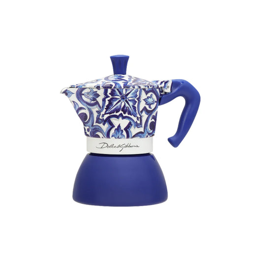Bialetti X Dolce&Gabbana Blue Mediterranean Moka Induction coffee maker with vibrant blue design and stainless steel hardware.
