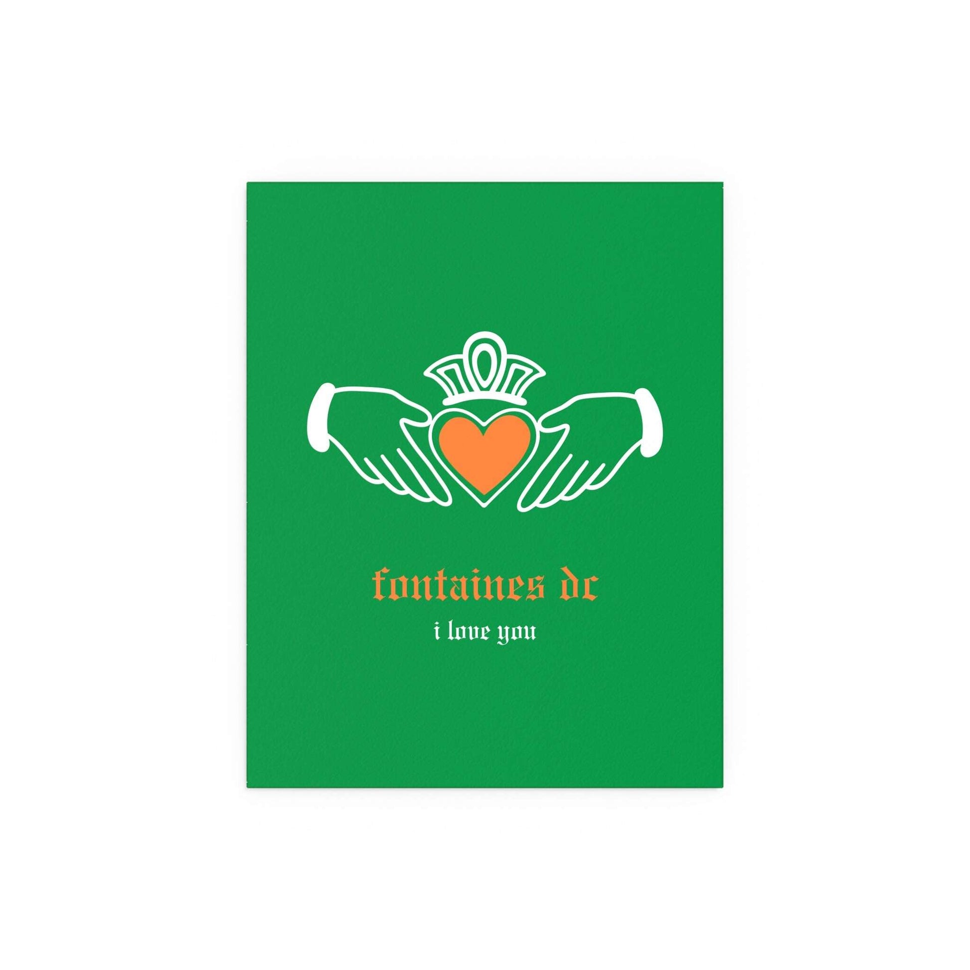 Irish Claddagh poster featuring Fontaines DC's "I Love You" in tricolour design by Glow On Prints, showcasing vibrant colors and intricate details.