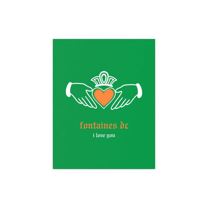 Irish Claddagh poster featuring Fontaines DC's "I Love You" in tricolour design by Glow On Prints, showcasing vibrant colors and intricate details.
