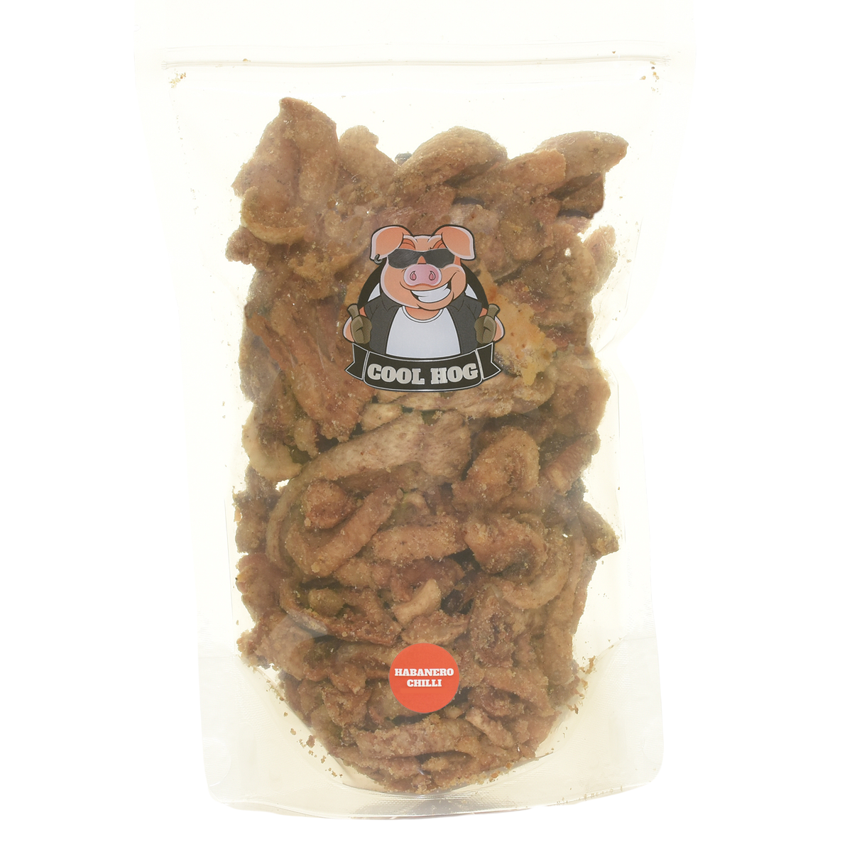 Habanero chili flavor pork scratching jar refill by Cool Hog Snacks, showing spicy pork snack package with peppers and product branding.