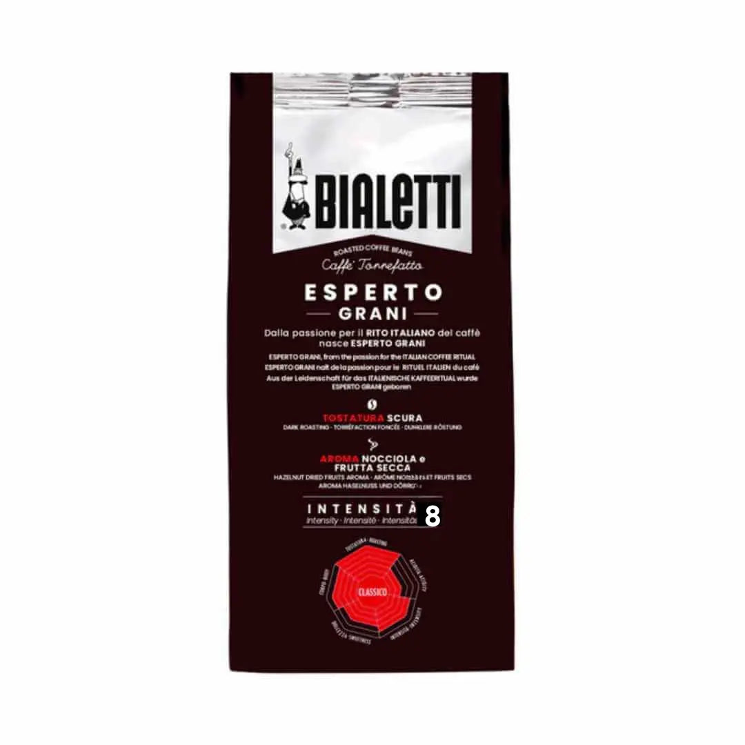 Bialetti Brew Italia whole bean coffee in a bag with the Bialetti logo and coffee beans visible, ready for grinding and brewing.