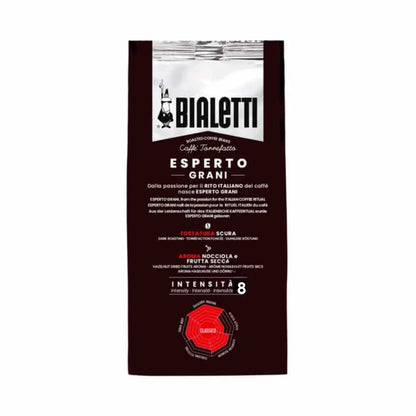 Bialetti Brew Italia whole bean coffee in a bag with the Bialetti logo and coffee beans visible, ready for grinding and brewing.