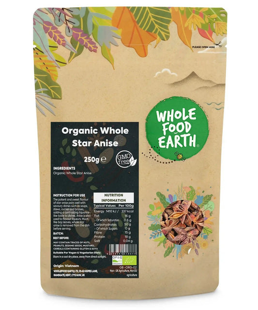 Dried organic star anise spice from ArtisanBox, showing star-shaped pods with brown, woody exterior on a neutral background.