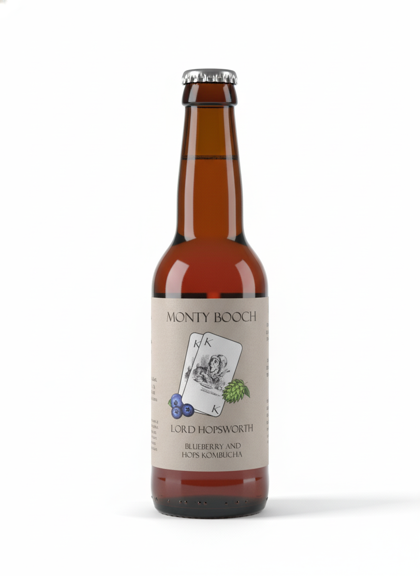 Monty Booch Lord Hopsworth Hopped Blueberry Kombucha 12-pack of 330ml bottles with blue and purple labels.