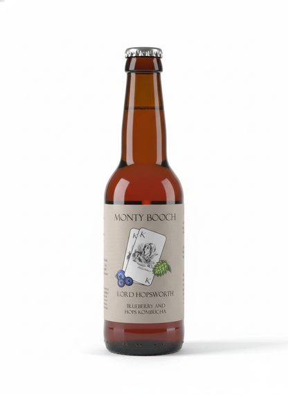 Monty Booch Lord Hopsworth Hopped Blueberry Kombucha 12-pack of 330ml bottles with blue and purple labels.