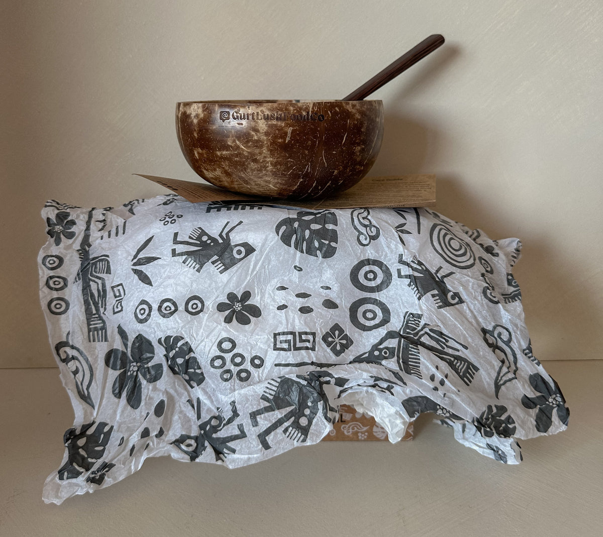 Jungle Culture coconut bowl with matching spoon from Gurt Lush Food Co, natural coconut with smooth finish and eco-friendly design