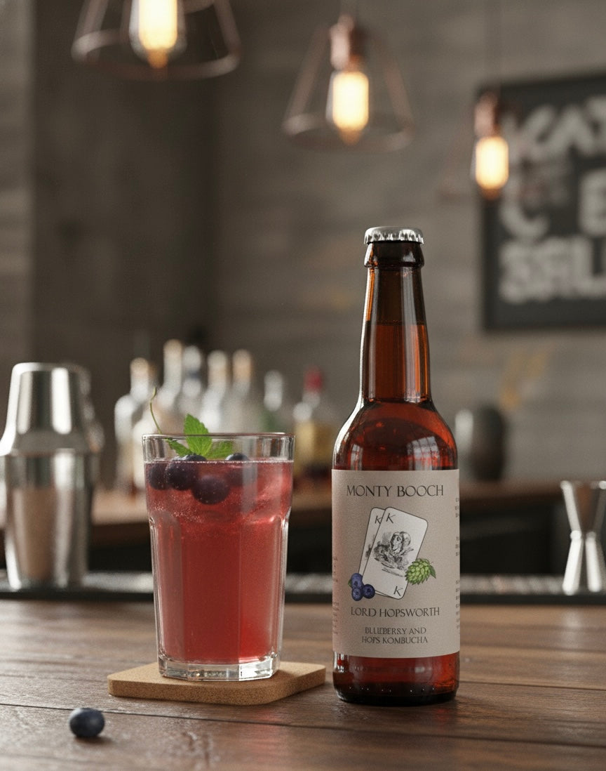 Monty Booch Lord Hopsworth Hopped Blueberry Kombucha 12-pack of 330ml bottles showing colorful bottles with blueberries and hops on labels.