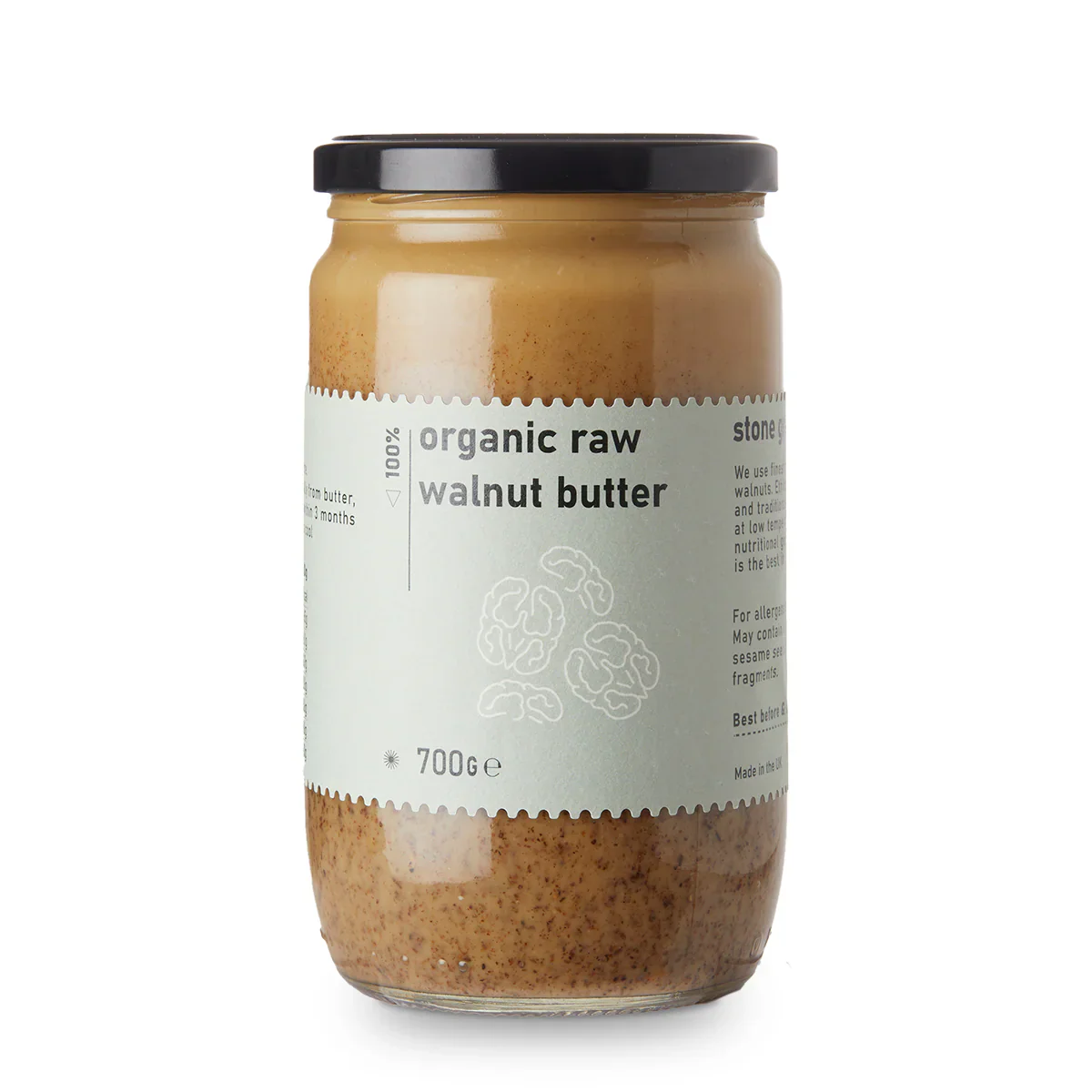Organic Raw Walnut Butter by Whole Food Earth, smooth nut butter spread made from raw walnuts in a jar.