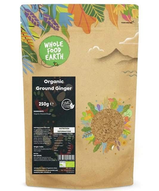 Organic ground ginger from ArtisanBox shown in a clear image, highlighting the fine powder and packaging.