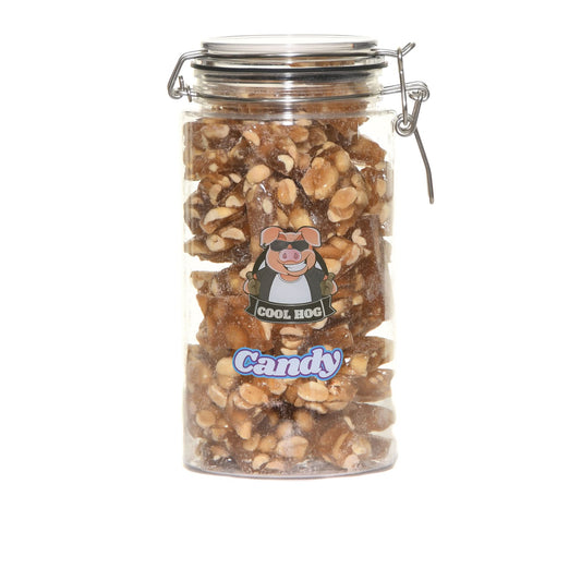 Cool Hog Snacks Peanut Brittle Candy Gifting Jar with golden brittle pieces in a clear jar, perfect for sweet gift-giving.