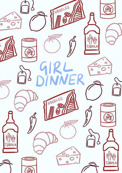 A3 print featuring a girl dinner slogan with kitchen wine and food print artwork by Peak Prints.