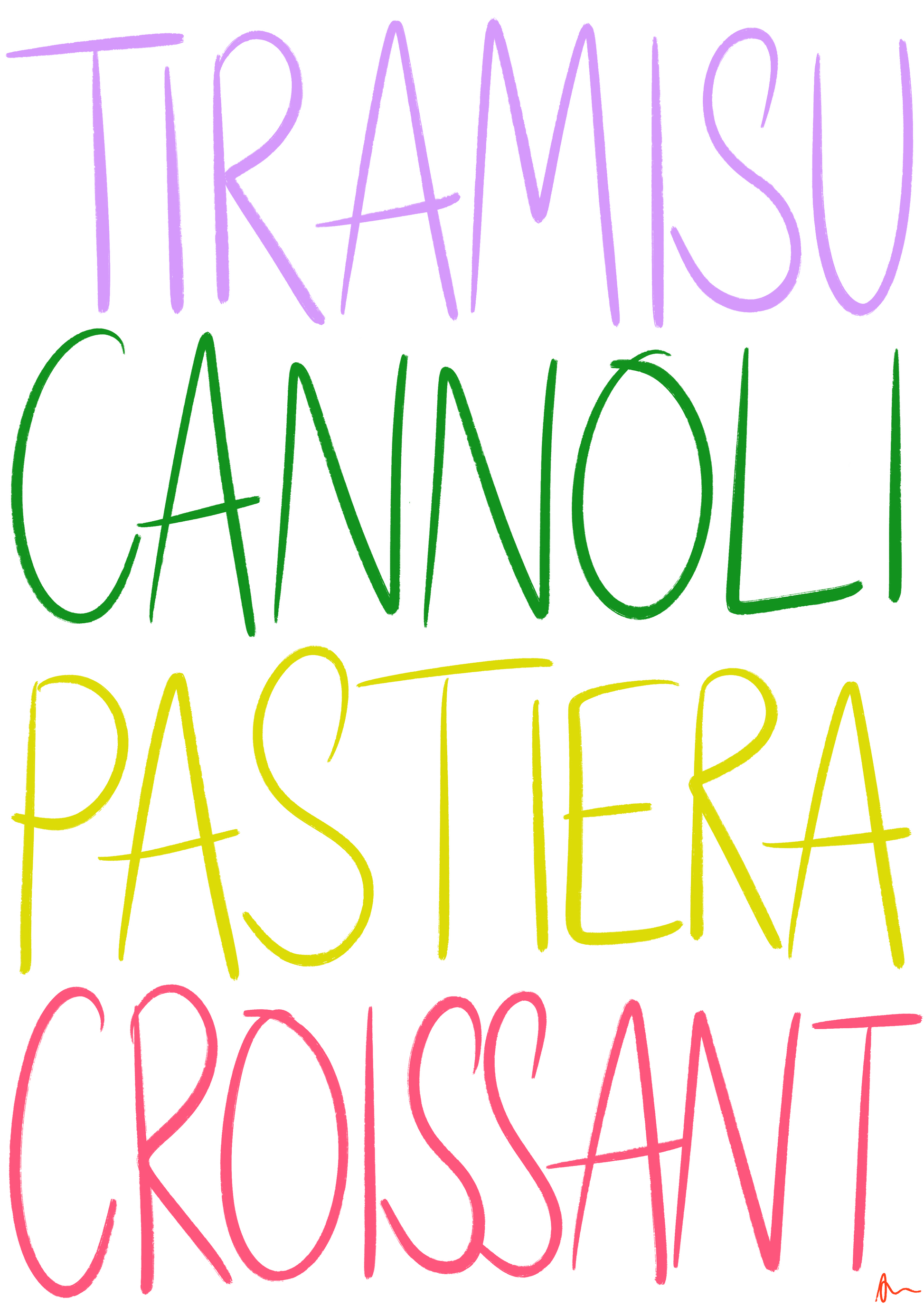 Colorful Italian kitchen print featuring bold dessert illustrations, perfect for dessert lovers and kitchen decor.