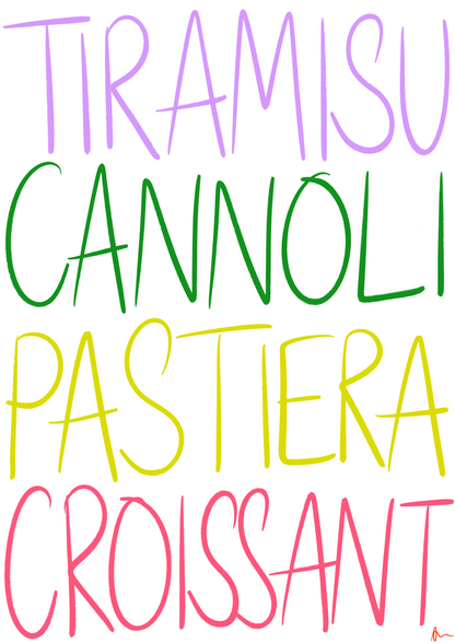 Colorful Italian kitchen print featuring bold dessert illustrations, perfect for dessert lovers and kitchen decor.