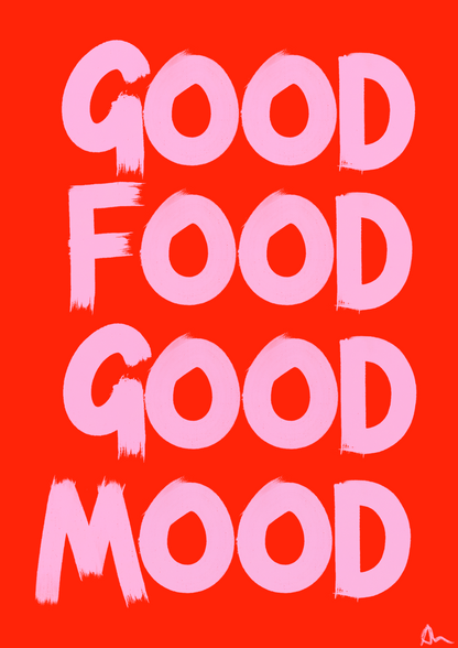 Pink and red food and drink kitchen print by Peak Prints, featuring cheerful, colorful illustrations for a fun kitchen decor piece.