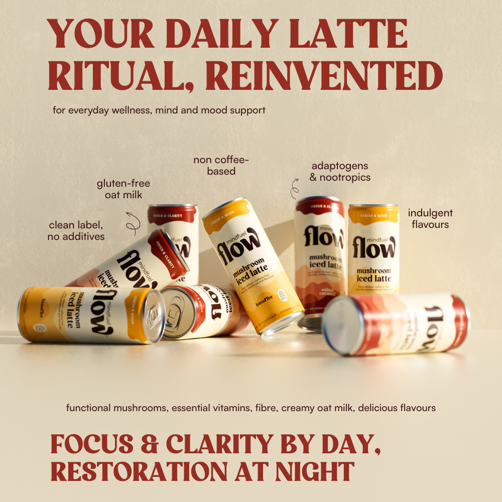 MINDFUEL FLOW Lion's Mane and Reishi oat latte mixed pack, featuring bottles of functional mushroom latte drinks with creamy textures.
