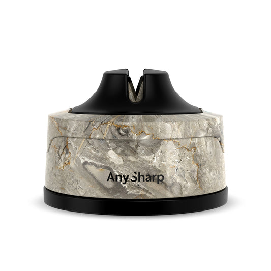 AnySharp Evo Knife Sharpener with stone, compact kitchen tool for sharpening various knives, black and silver design.