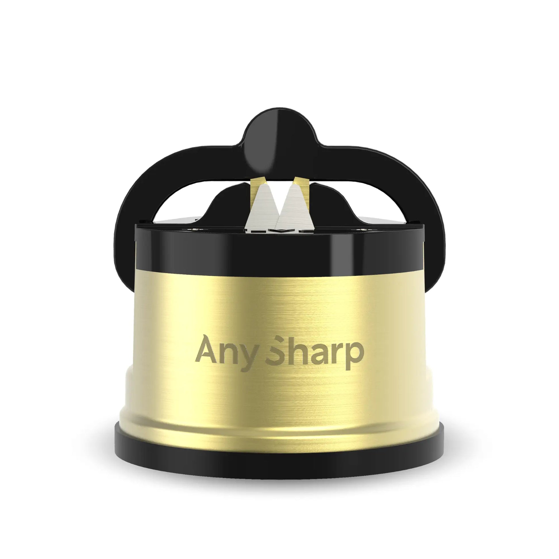 AnySharp Pro Knife Sharpener in brass with classic design, featuring sharpening slots and ergonomic handle.