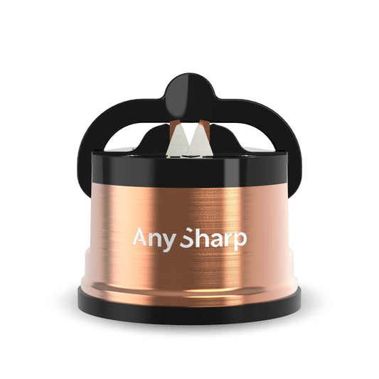 AnySharp classic knife sharpener with copper finish, compact handheld design for easy kitchen blade sharpening.