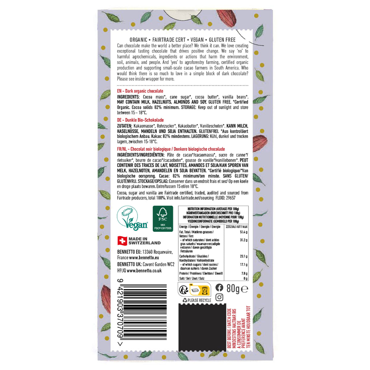 Back view of Bennetto Natural Foods UK 82% Super Dark chocolate bar showing smooth, dark chocolate surface with textured edges.