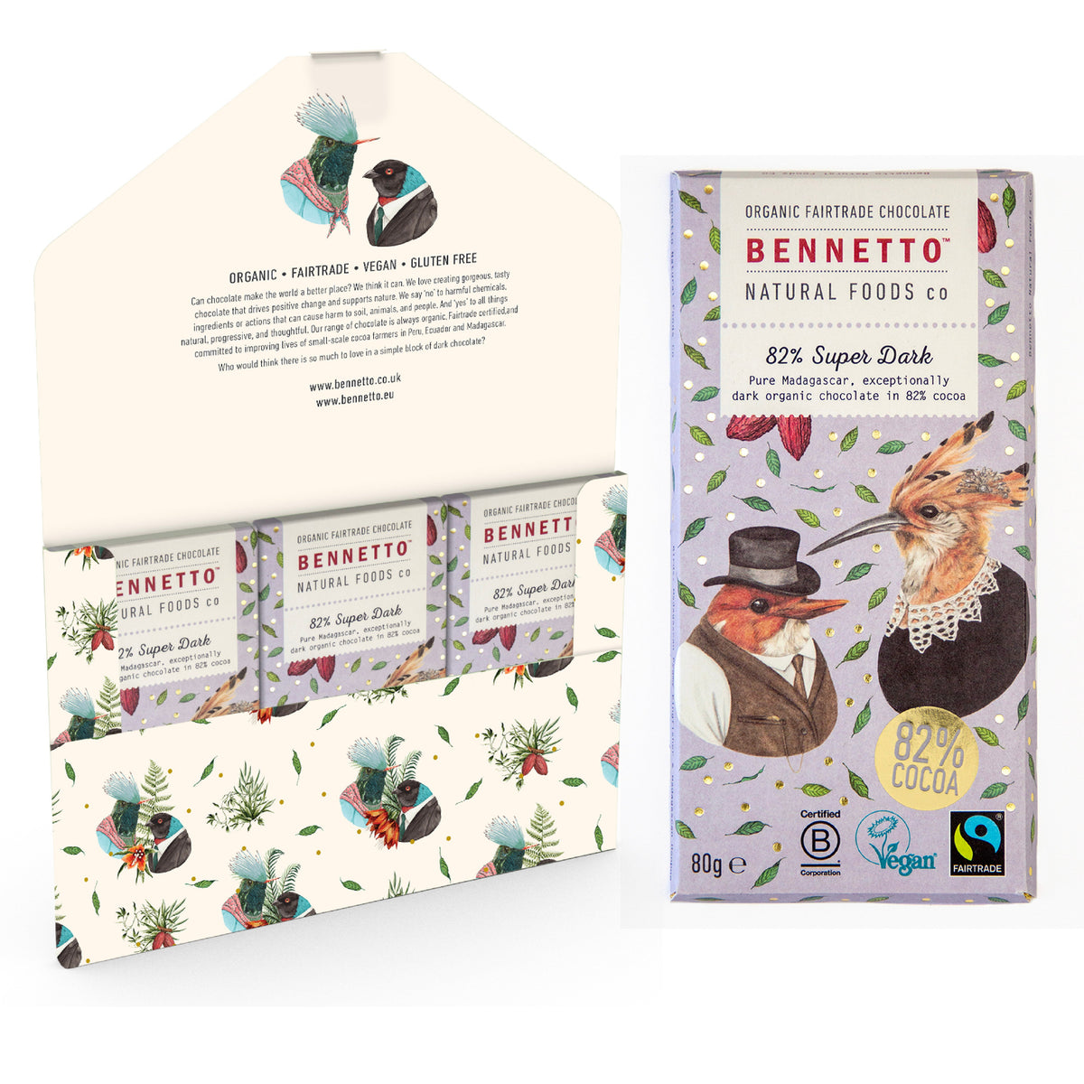 Bennetto Natural Foods UK 82% super dark chocolate in a three-pack, showing glossy, rich dark chocolate bars with textured surface.