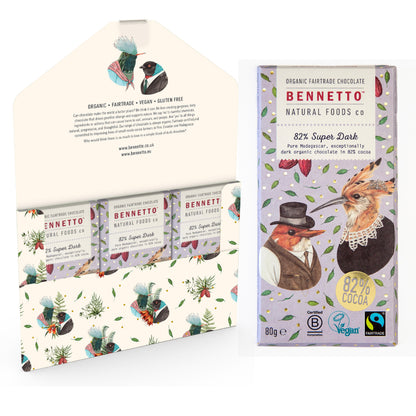 Bennetto Natural Foods UK 82% super dark chocolate in a three-pack, showing glossy, rich dark chocolate bars with textured surface.