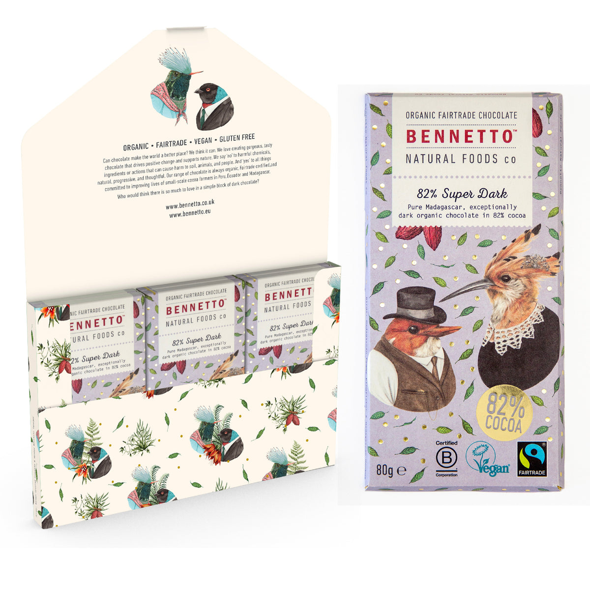 Bennetto Natural Foods UK 82% super dark chocolate in a 6-pack, featuring rich, smooth dark chocolate bars with a glossy finish.