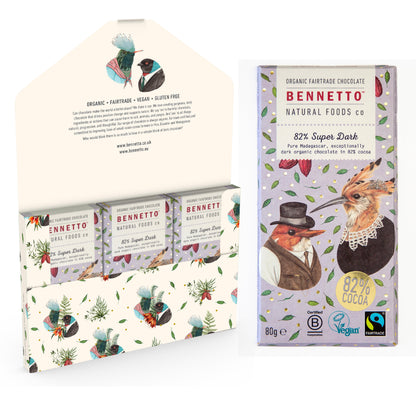 Bennetto Natural Foods UK 82% super dark chocolate in a 6-pack, featuring rich, smooth dark chocolate bars with a glossy finish.